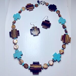 Vintage Turquoise and Tiger's Eye Chunky Statement Necklace and Earrings Set